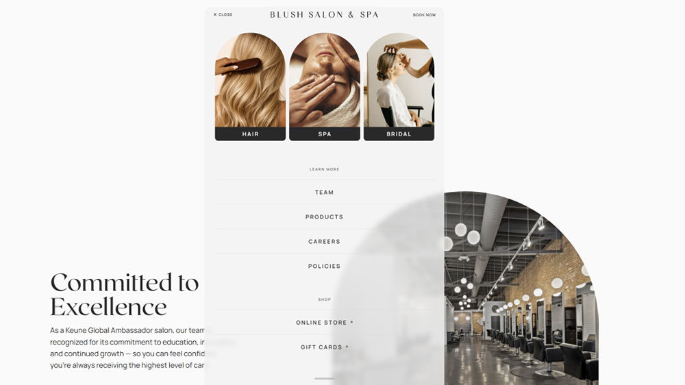Blush Salon & Spa Website Features: Fixed Tray Menu
